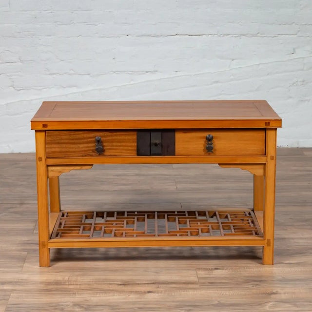 Vintage Chinese Natural Wood Side Table with Two Drawers and Crackled Ice Shelf For Sale In New York - Image 6 of 13