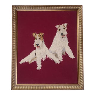 Vintage Fox Terrier Dog Fabric Embroidery Needlepoint Wall Art Framed For Sale