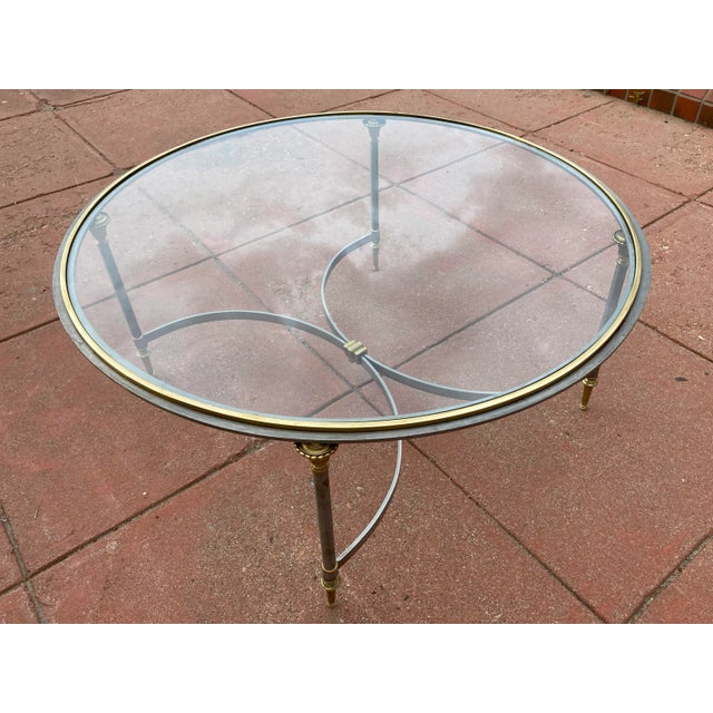 Metal Manner of Maison Charles French Directoire Coffee Table Having Brass Mounts & Glass Inset Top For Sale - Image 7 of 13