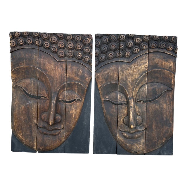 Pair of Antique Carved Wood Plaques With Asian Faces. For Sale