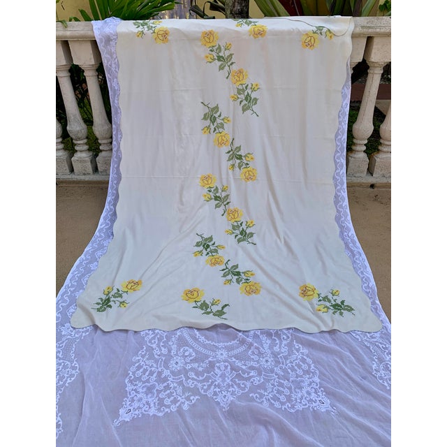 Vintage 1970’s Handmade Cross Stitch Floral Embroidered Tablecloth For Sale - Image 11 of 12
