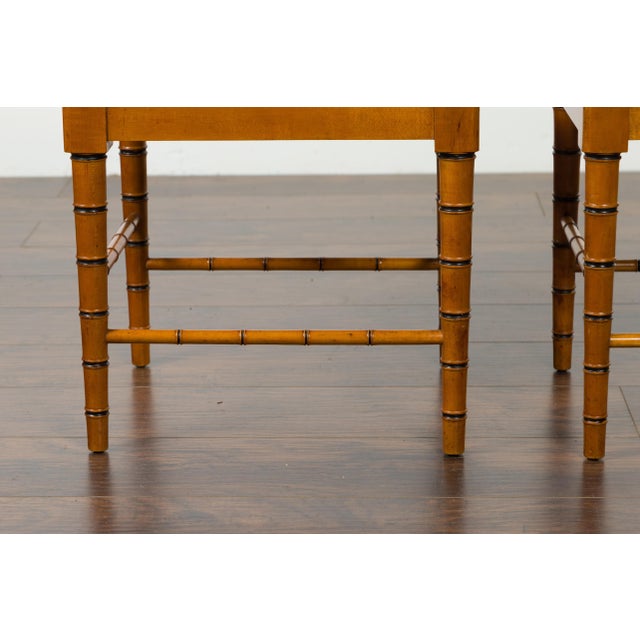 Brown Vintage Pair of English Midcentury Faux Bamboo Walnut Stools with Rush Seats For Sale - Image 8 of 12