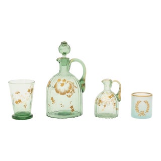 Gilt Painted Green Glass Vessels, 4 For Sale