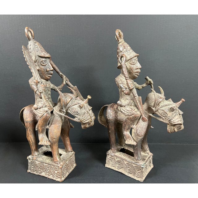 African Pair of African Tribal Art Benin Bronze Warrior Figures on Horseback For Sale - Image 3 of 16