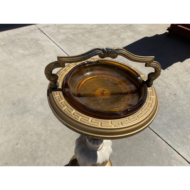 Brass Vintage Hollywood Regency Floral Porcelain & Brass Floor Ashtray Stand For Sale - Image 8 of 13