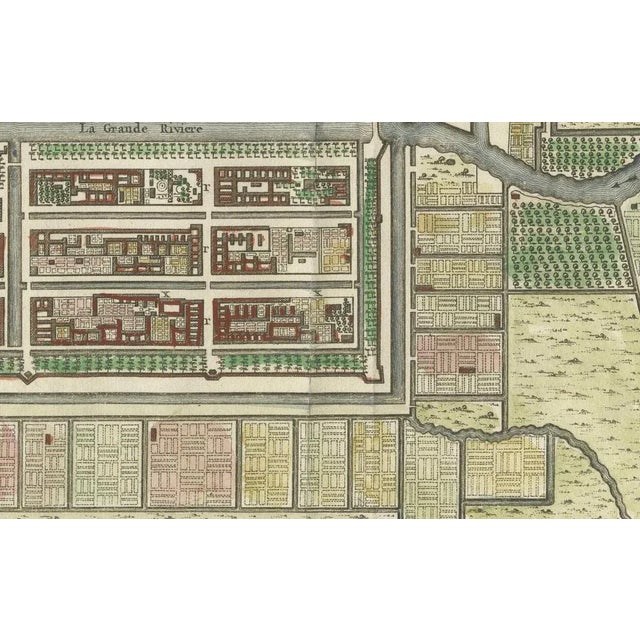 Hand-Colored 1750 Plan of Batavia, Colonial Jakarta by Jacques Bellin This finely detailed mid-18th century plan presents...