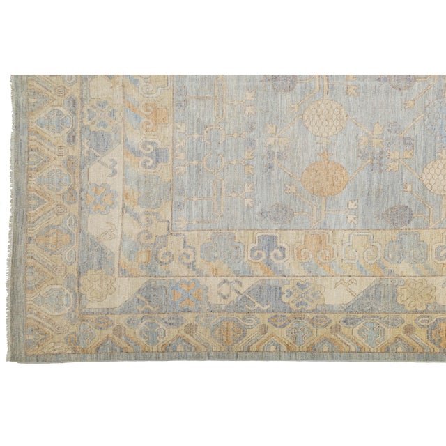 Ivory 14x21 Modern Khotan HandKnotted Wool Rug – Blue, Ivory & Gold Pomegranate Design For Sale - Image 8 of 11