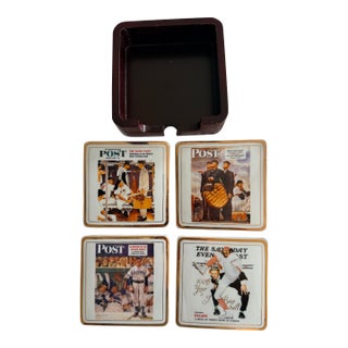 Norman Rockwell Ceramic Baseball Coaster Set For Sale