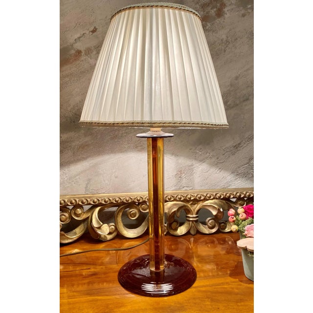 Venetian Amber-Colored Blown Murano Glass Table Lamp with White Silk Shade, 1950s For Sale - Image 10 of 10