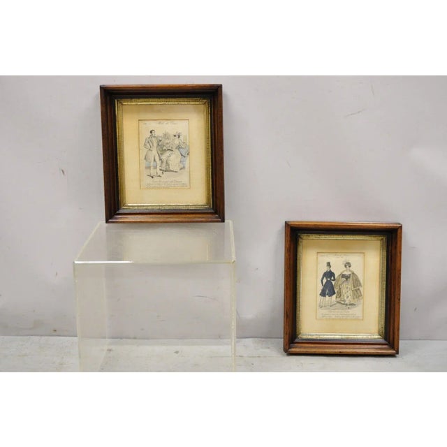 French 1830s Victorian Lithograph Print Couple Fashion Gown in Frames - a Pair For Sale - Image 12 of 13