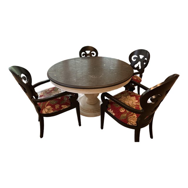 Arhaus Luca 54” Pedestal Table With 4 Arhaus Jordan Bell’Arte Armchairs For Sale