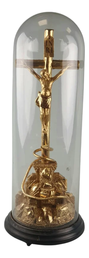 Antique Italian Gilt Wood Crucifix with Glass Dome, 19th Century, Set of 3