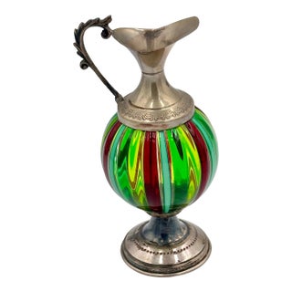 1940s Italian Silver Handblown Murano Art Glass Oggetti Venini Colorful Mini Pitcher For Sale