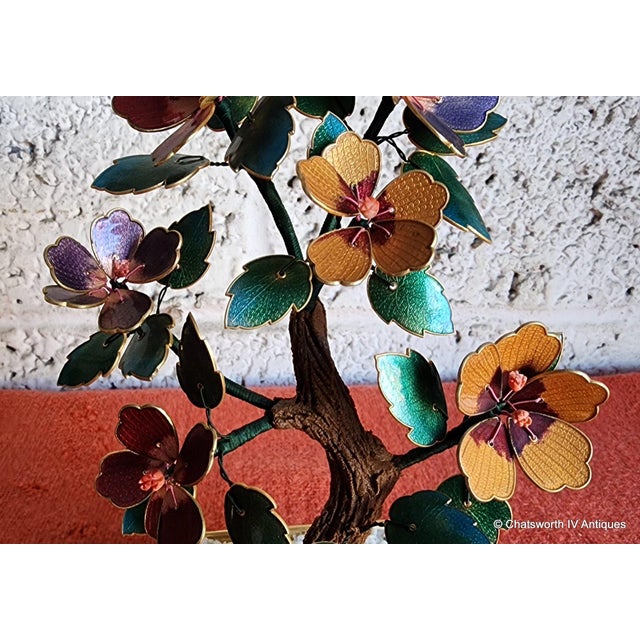 Vintage Chinese Cloisonné Guilloche Enamel Bonsai Tree In Decorative Brass Pot, Possibly made in China. 9.5 inches high.