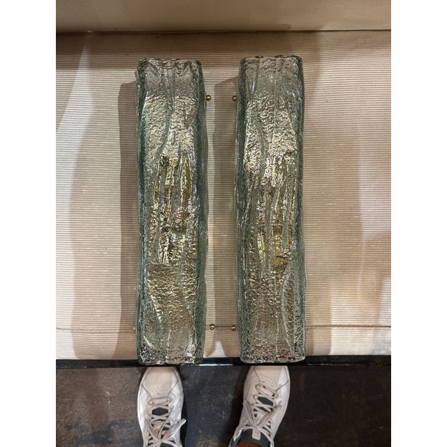 Pair of Murano Fontana Green Granola Glass Square Tube Sconces For Sale - Image 4 of 6