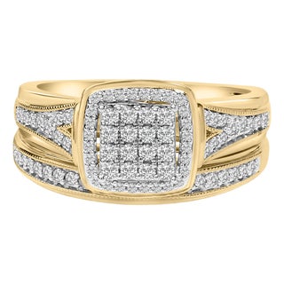 14K Yellow Gold Plated Sterling Silver 1/2 Cttw Diamond Square Cluster Bridal Set - Size 7 For Sale