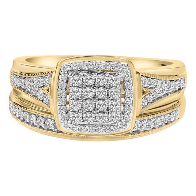 14K Yellow Gold Plated Sterling Silver 1/2 Cttw Diamond Square Cluster Bridal Set - Size 7 For Sale