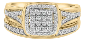 14K Yellow Gold Plated Sterling Silver 1/2 Cttw Diamond Square Cluster Bridal Set - Size 7