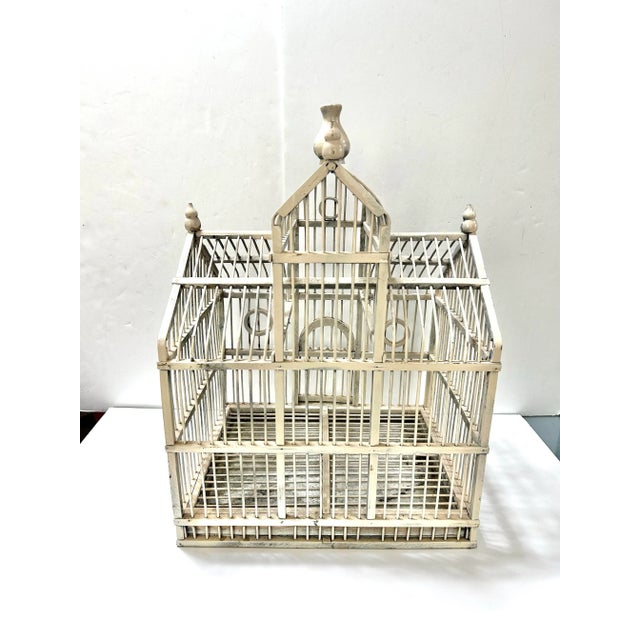 1970s Vintage French-Style Wood & Wire Architectural Birdcage With Chippy White Finish For Sale - Image 5 of 8