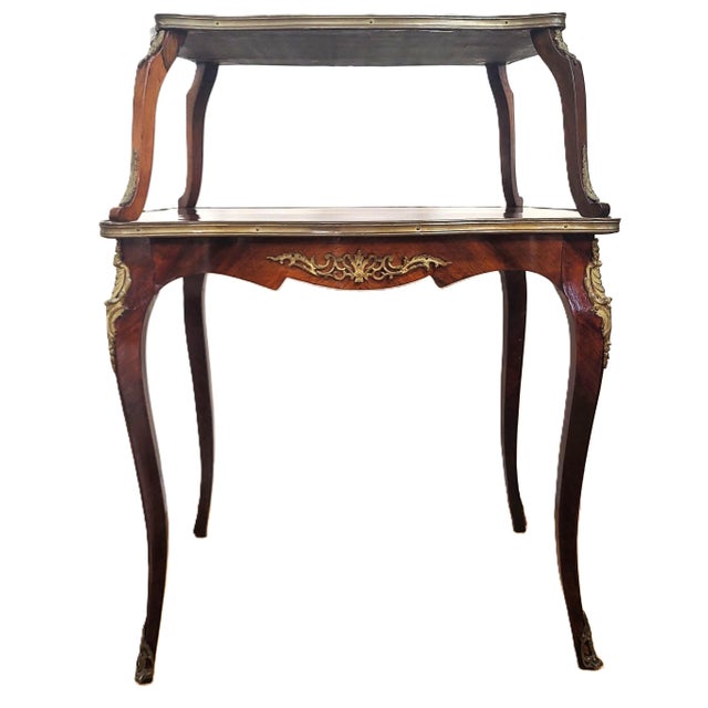 Wood Antique French Louis XV Floral Inlay Rosewood & Bronze Double Tier Dessert Table For Sale - Image 7 of 15