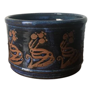 Vintage Mid Century Modern Wax Resist Blue Stoneware Pottery Cachepot or Bowl