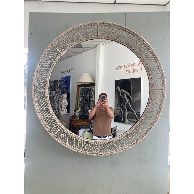 Off-white Wicker and Rattan Round Mirror 1950 For Sale - Image 8 of 12
