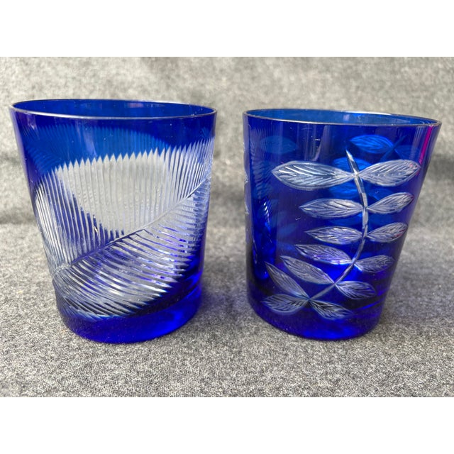 Mid 20th Century Bohemia Cut to Clear Cobalt Etched Tumblers Glasses a Pair For Sale - Image 11 of 15