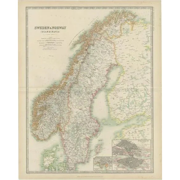 1900 - 1909 Antique Map of Sweden and Norway by Johnston, 1909 For Sale - Image 5 of 5