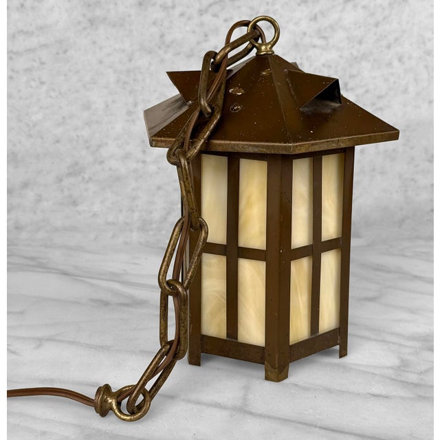 An Arts & Crafts Movement Hanging Pendent Light Bronze Finish Over Copper with Great Character Original 6 Slag Glass...