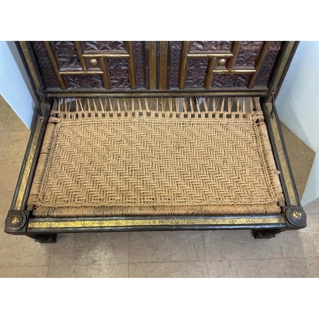 19th Century Antique Indian Hand Carved Bronze-Inlaid Wooden Low Pidda Chair For Sale - Image 5 of 9