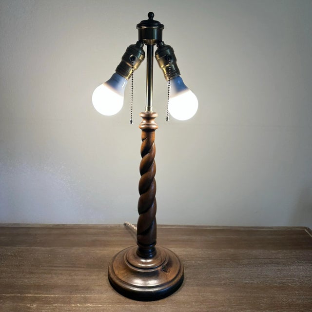 Early 20th Century Antique Carved Wood Barley Twist Lamp For Sale - Image 5 of 7