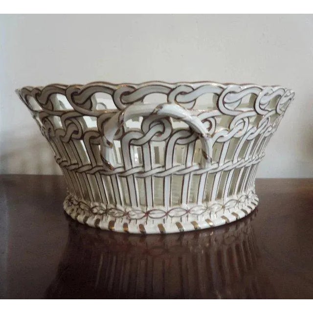 French 19th Century French Luneville Pottery Reticulated Centerpiece Basket Bowl in White & Gold For Sale - Image 3 of 11