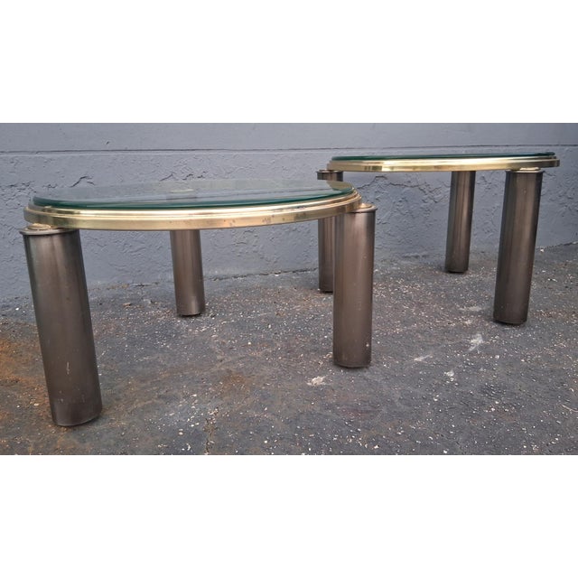 Hollywood Regency Vintage Hollywood Regency Brass Tone/ Glass Round Coffee Tables by Dia a - Pair For Sale - Image 3 of 12