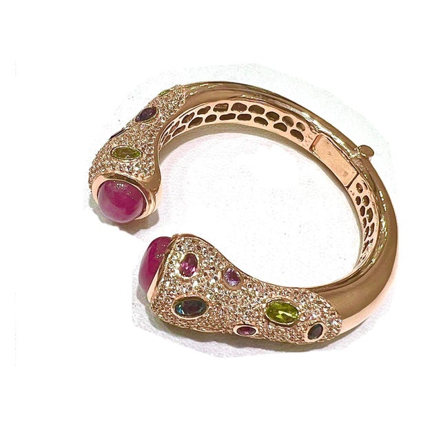 Bochic “Capri” Vintage Ruby & Multi Gem Bangle Set In 18K Gold & Silver For Sale - Image 12 of 15