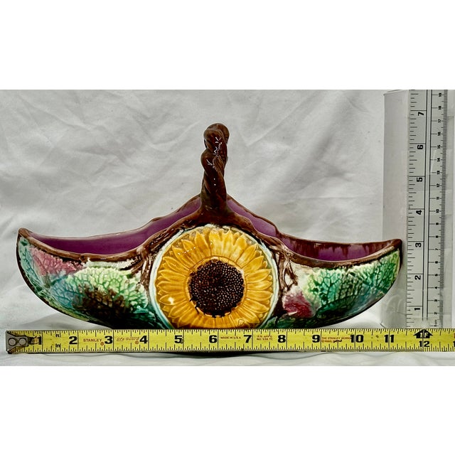 Beautiful Large 12 Inches Long Antique Victorian Majolica Basket With Sunflowers - Circa 1880s For Sale - Image 15 of 18