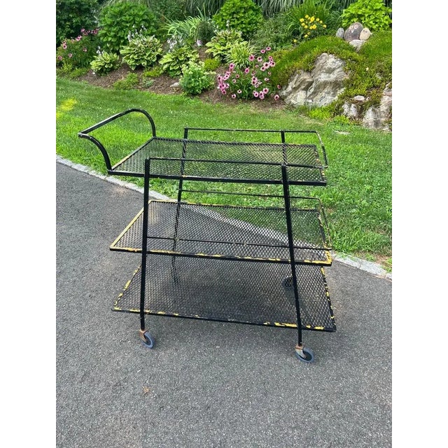 Metal Mid Century Industrial Bar Cart Attributed to Salterini for Woodard For Sale - Image 7 of 15