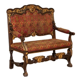 Antique Carved Oak Bench Loveseat With Painted Gold Gilt Highlights For Sale