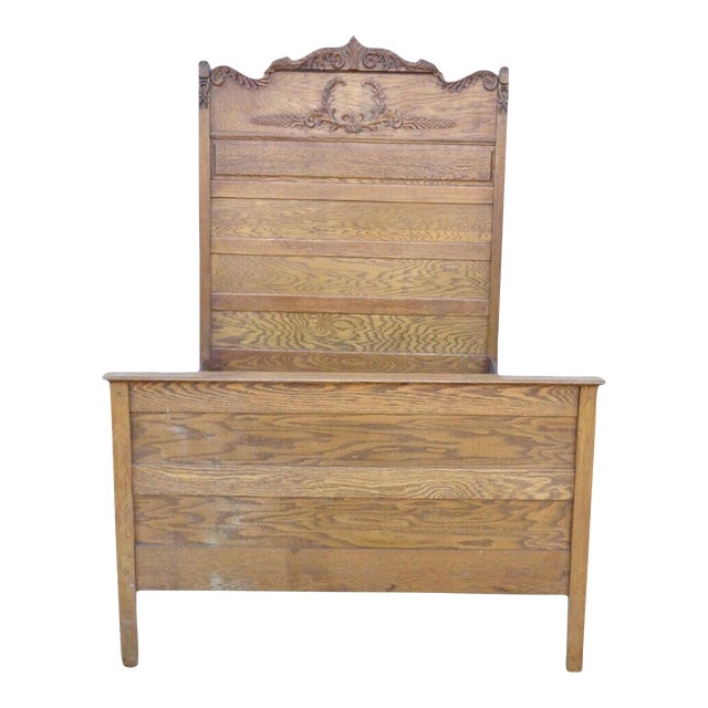 Late 19th Century Antique Eastlake Victorian Oak Wood Tall Headboard Full Size Bed Frame For Sale