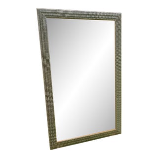 1990s Art Deco Woven Geometric Silver Wood Framed Beveled Mirror by Majestic For Sale