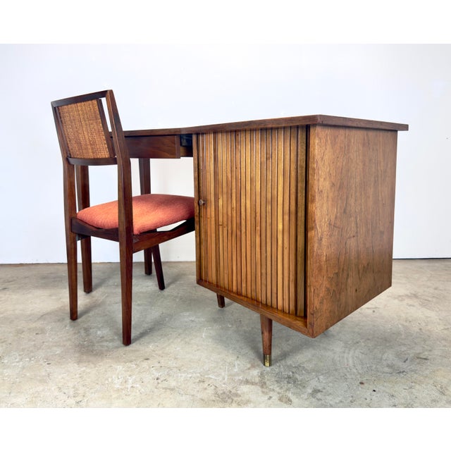Mid Century Modern Walnut Tambour Door Writing Desk & Chair Trapezoidal Top For Sale In New York - Image 6 of 12