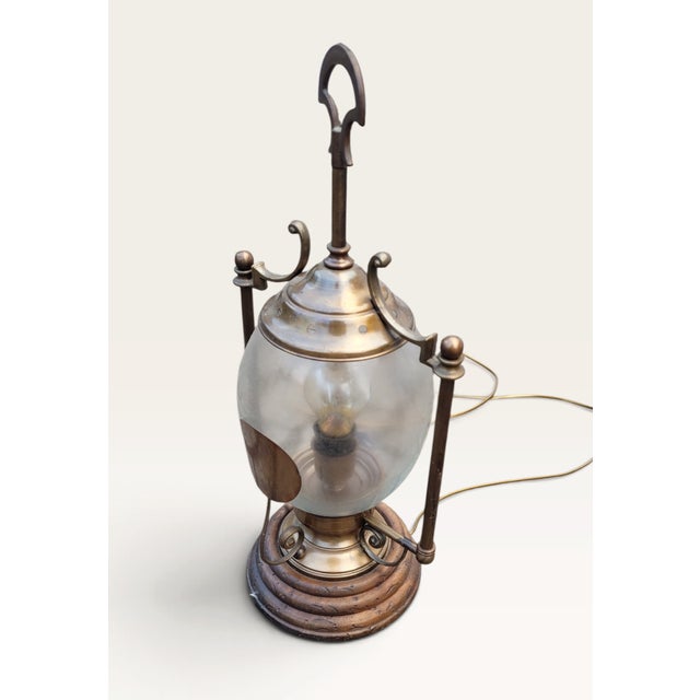 Vintage Revival French Brass, Glass and Wood Hurricane Table Lamp, 1960s For Sale - Image 6 of 18