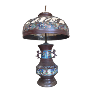 1910 Meiji Period Japanese Cloisonné Lamp With Wrought Iron and Enamel Shade