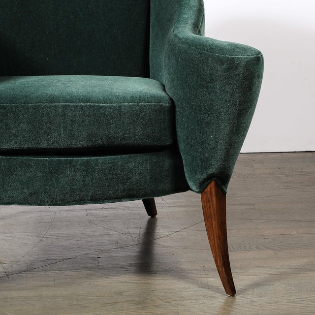 Art Deco Scroll Form Lounge Chair W/ Walnut Supports in Viridian Velvet Mohair For Sale In New York - Image 6 of 18