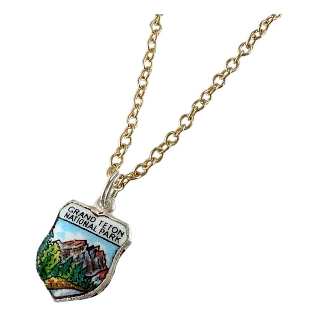 Wyoming Grand Teton National Park Fritz Reu Sterling Silver Enamel Vintage Charm on 18 Inch Gold Filled Necklace For Sale