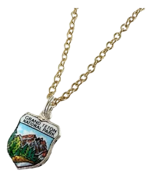 Wyoming Grand Teton National Park Fritz Reu Sterling Silver Enamel Vintage Charm on 18 Inch Gold Filled Necklace
