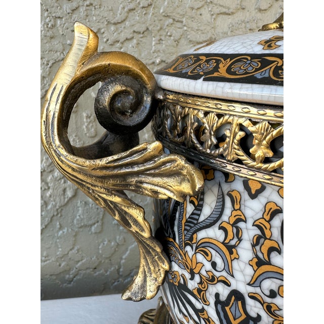 Brass Vintage Early-Mid 20th Century Hand Painted White, Blue & Gold Porcelain and Brass Urn With Lid For Sale - Image 8 of 12