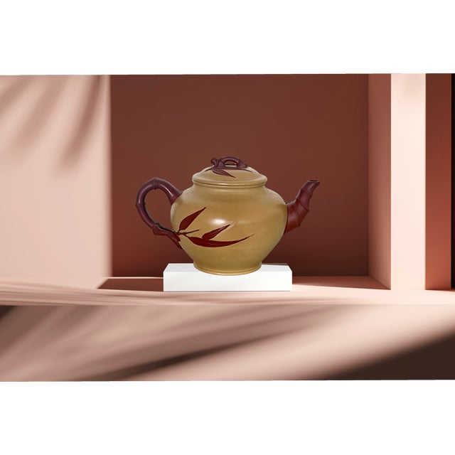 Paint Vintage Bamboo Yixing Zisha Chinese Unglazed Tea Pot With Bamboo Handle & Spout For Sale - Image 7 of 9