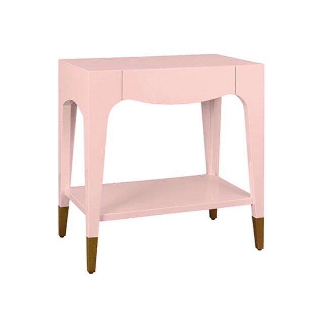 Matthew Izzo Home Ronny Glossy Light Pink One Drawer Side Table With Antique Brass Foot Caps For Sale In New York - Image 6 of 6