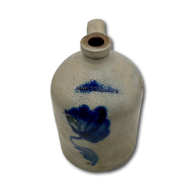 Nice Small 1 Gallon Size Antique American New York Stoneware Jug With Big Deep Blue Flower Decoration - Circa Mid 1800s For Sale In Boston - Image 6 of 18