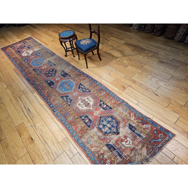 Vintage Persian Heriz Serapi Runner, Hand-Knotted Wool, Geometric Pattern, Terracotta & Navy, 3x16 For Sale In Chicago - Image 6 of 15